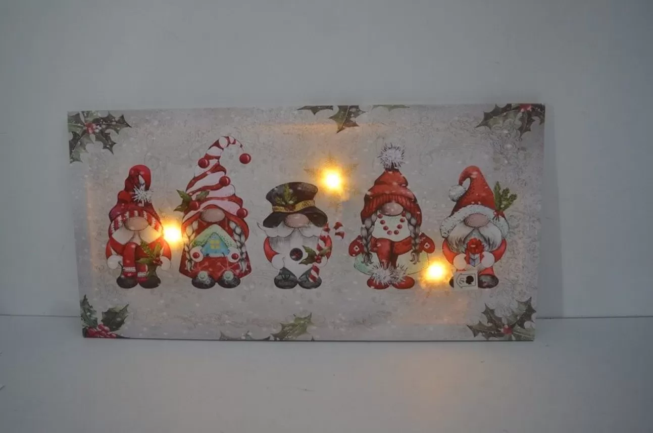 * Luci Di Natale | Quadro Natalizio Con Gnomi 60X30X1,8Cm Con Microled Bianco Caldo